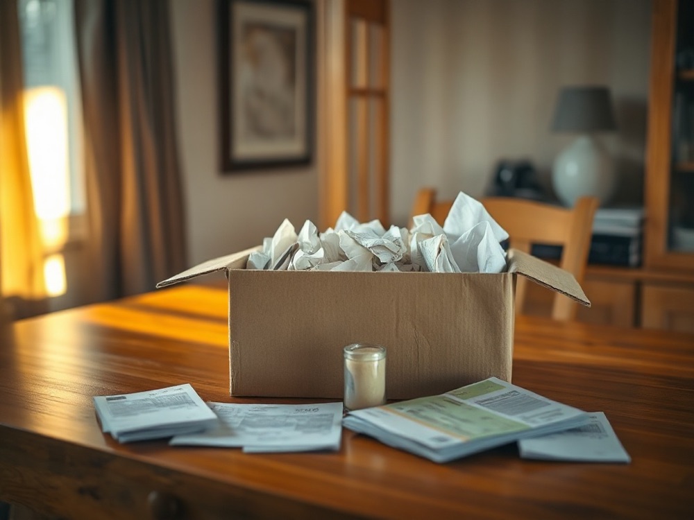 A cardboard shoebox on a table overflowing with receipts, some laid out in a row beside it