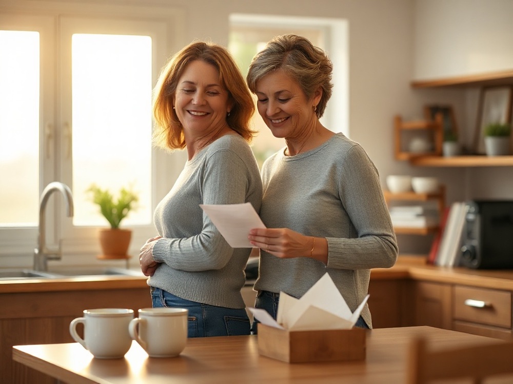 Two women at a kitchen island, arm in arm, opening the post together