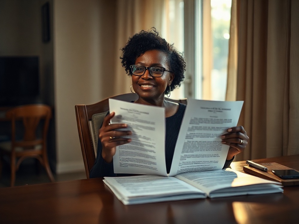 A woman at a dining table reading a printed statement, papers spread in front of her