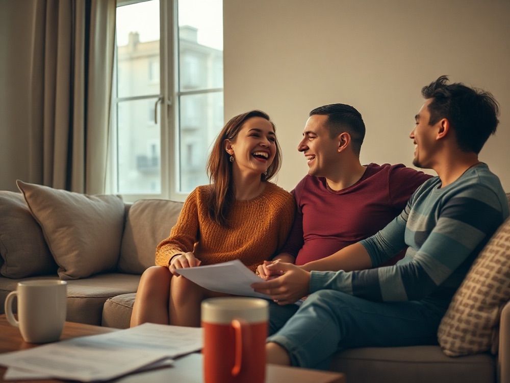 Three friends laughing together on a couch with paperwork spread on the coffee table