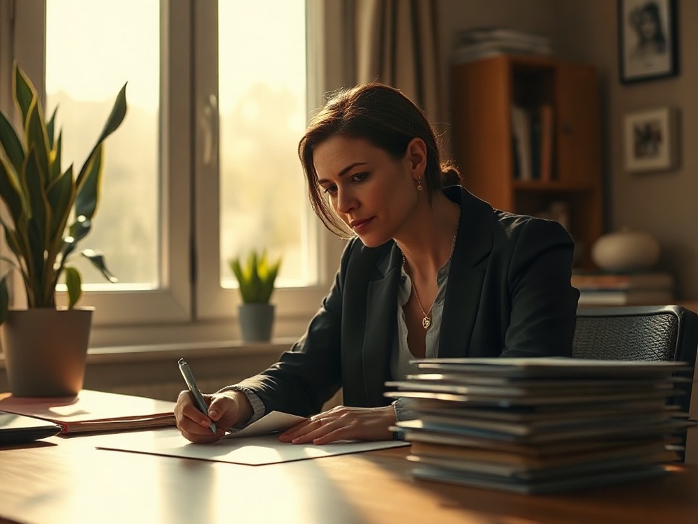 A woman at a home desk in soft window light, writing her own name onto a form