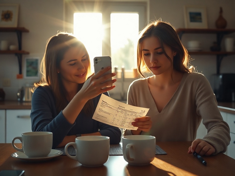 Two women at a sunlit kitchen table, one photographing a paper bank statement with her phone