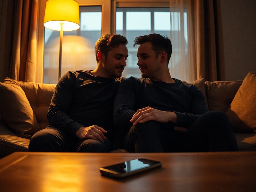 Two men sitting close on a sofa in warm lamp light, phone face down on the table