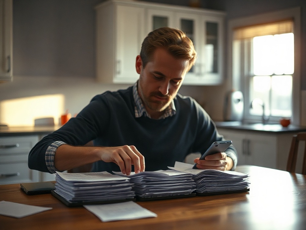 A man at a kitchen table sorting a stack of paper statements, phone in hand